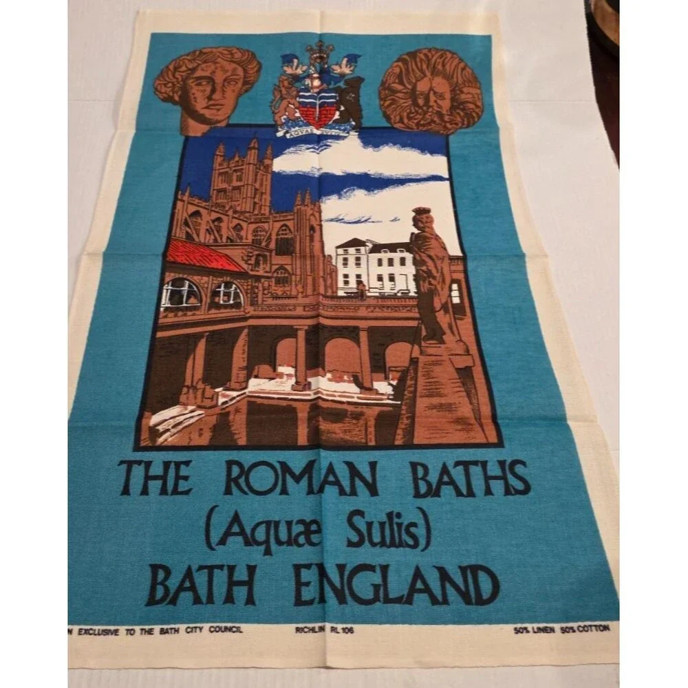 Vintage Roman Baths England Linen Cotton Tea Towel Wall Hanging Bath 19